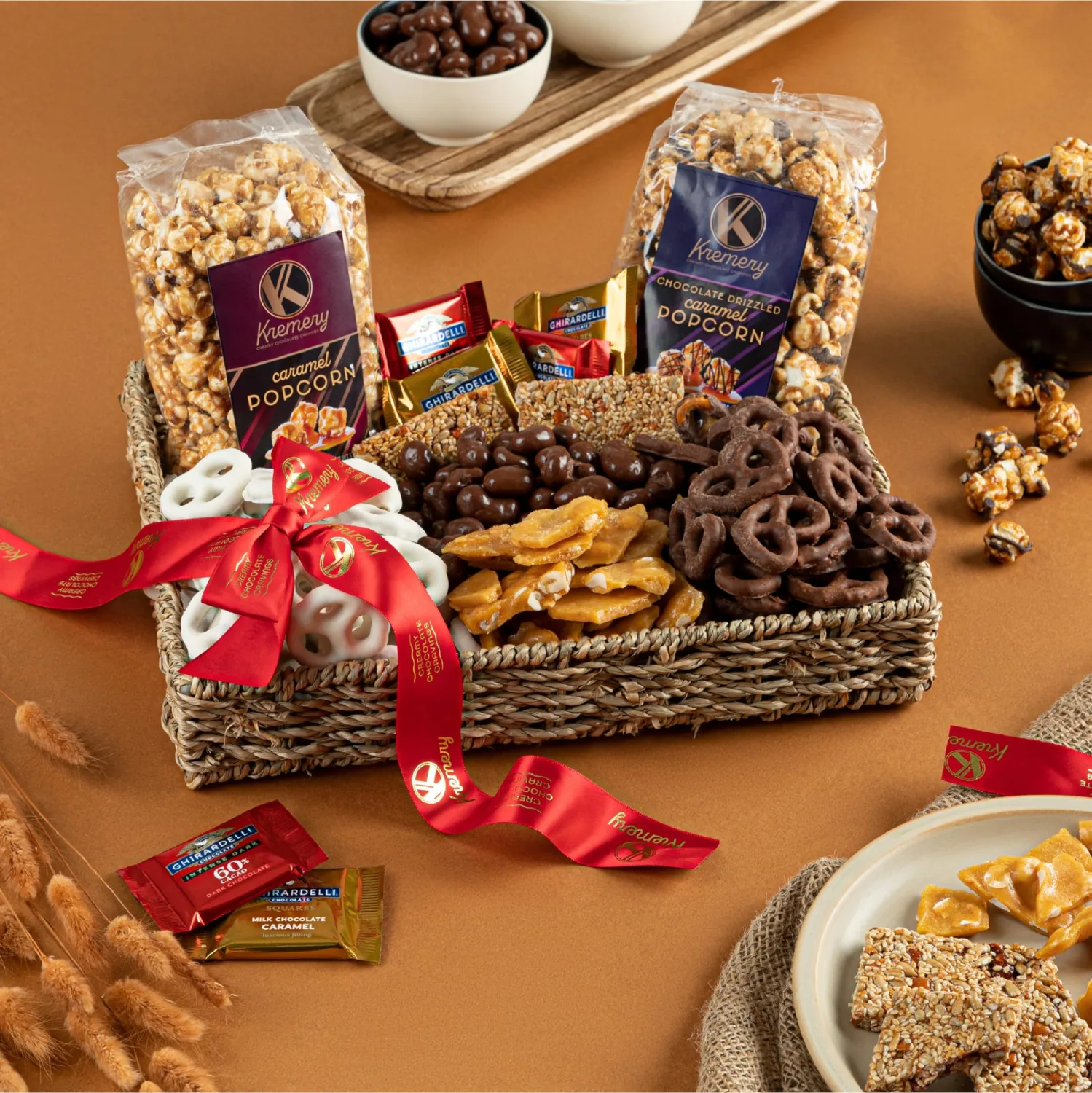KREMERY Creamy Chocolate Cravings - Mothers Day, Chocolate Covered Pretzels & Caramel Popcorn Gift Basket, in Seagrass Tray + Ribbon (Premium, 2.5 lbs) Birthday Care Package - Kosher Dairy, USA Made