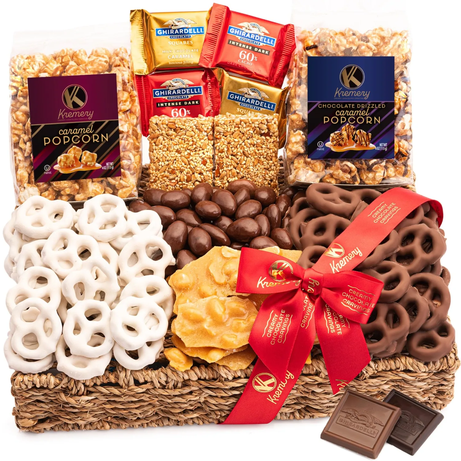 KREMERY Creamy Chocolate Cravings - Mothers Day, Chocolate Covered Pretzels & Caramel Popcorn Gift Basket, in Seagrass Tray + Ribbon (Premium, 2.5 lbs) Birthday Care Package - Kosher Dairy, USA Made