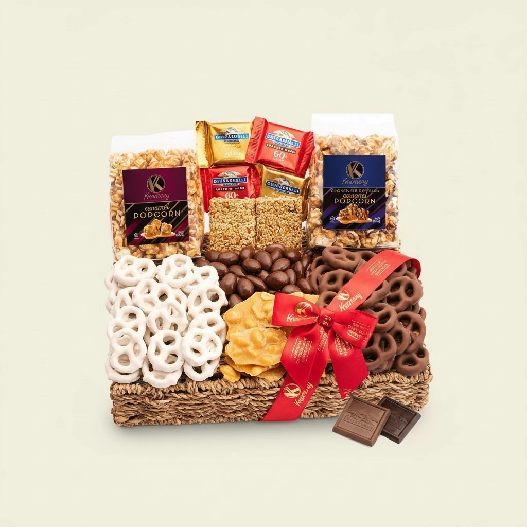 KREMERY Creamy Chocolate Cravings - Mothers Day, Chocolate Covered Pretzels & Caramel Popcorn Gift Basket, in Seagrass Tray + Ribbon (Premium, 2.5 lbs) Birthday Care Package - Kosher Dairy, USA Made