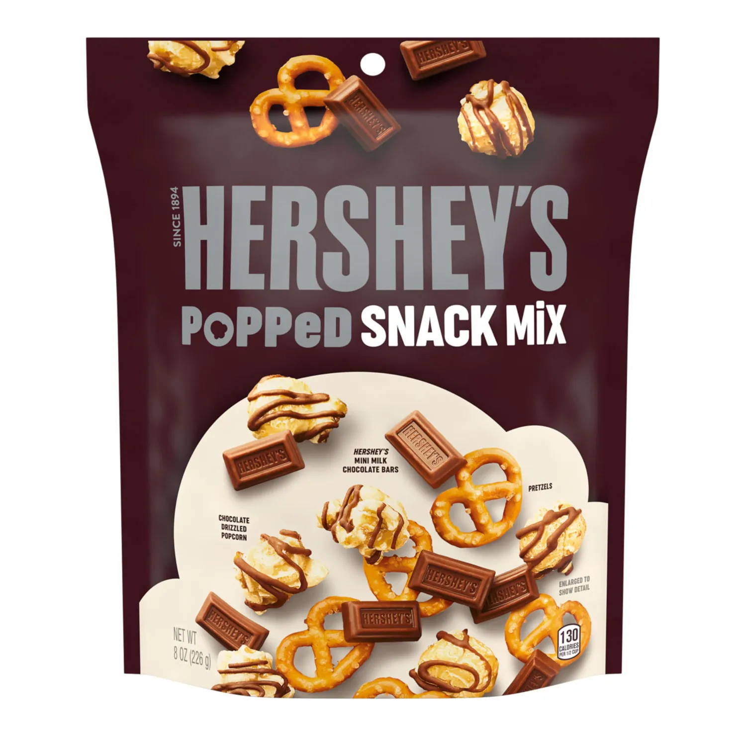 HERSHEY'S Milk Chocolate, Popcorn and Pretzel Popped Snack Mix Bag, 8 oz