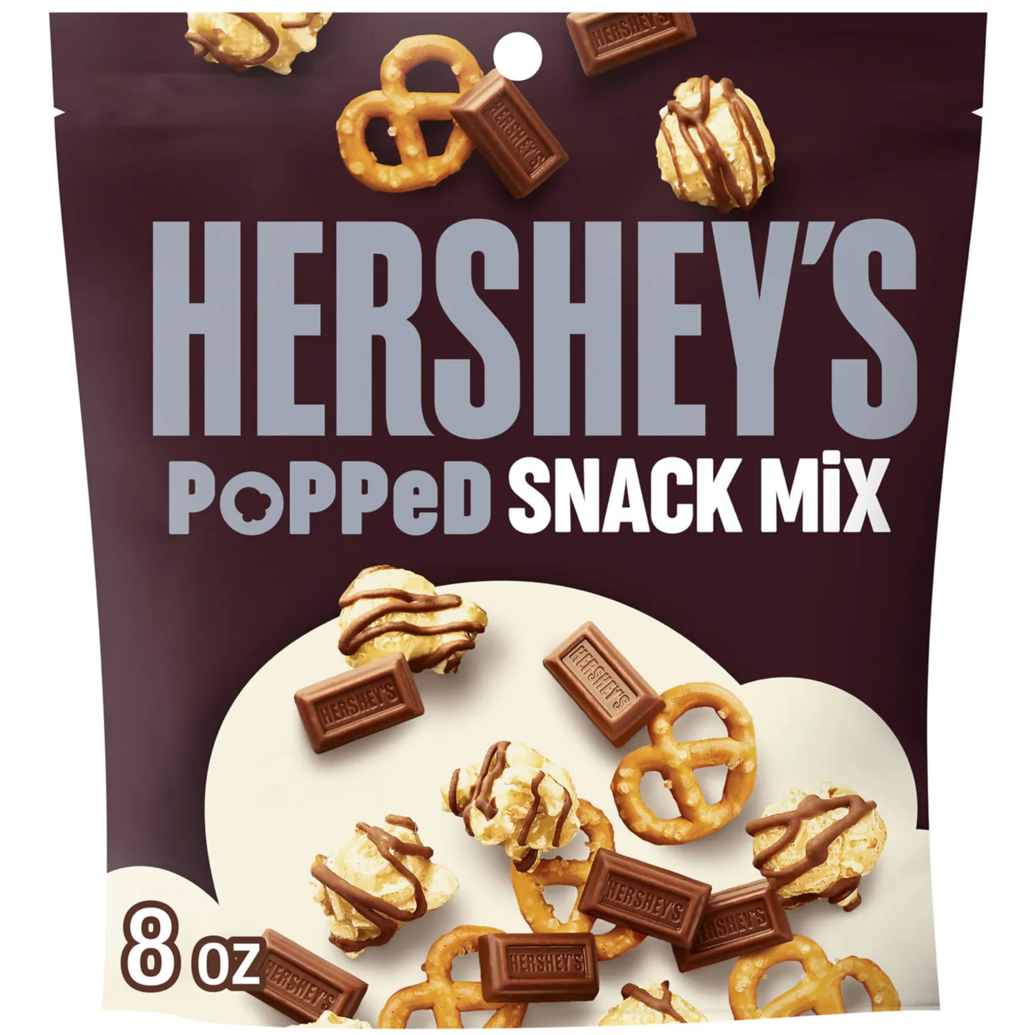 HERSHEY'S Milk Chocolate, Popcorn and Pretzel Popped Snack Mix Bag, 8 oz