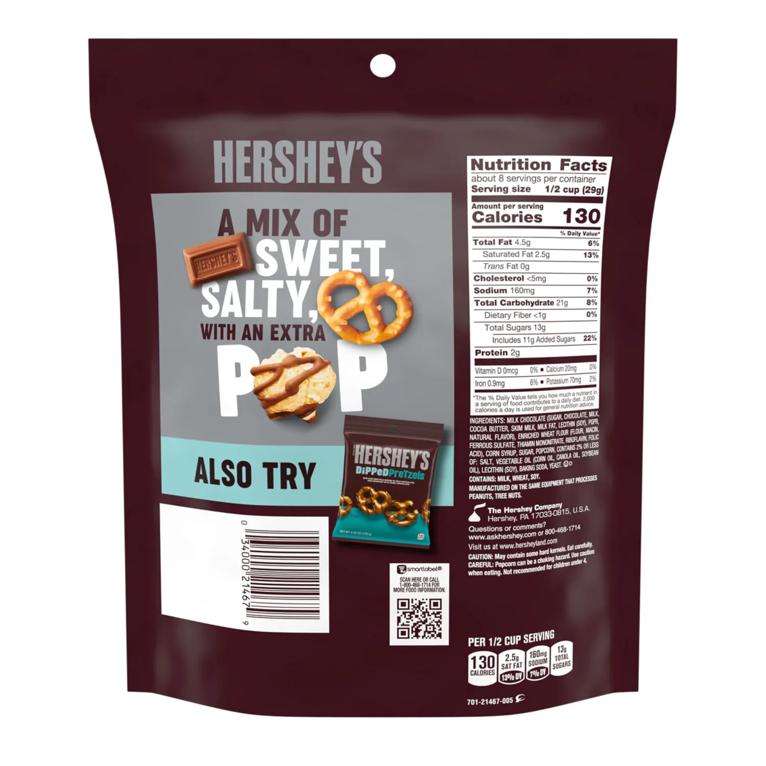HERSHEY'S Milk Chocolate, Popcorn and Pretzel Popped Snack Mix Bag, 8 oz