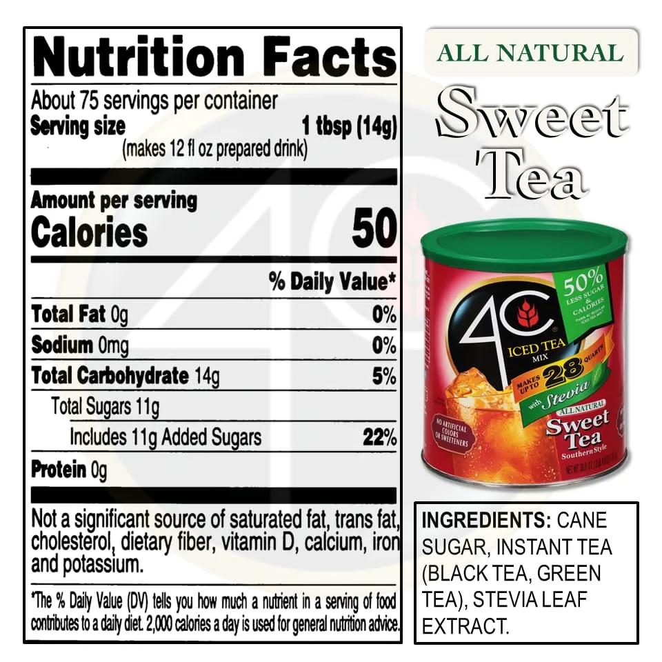 4C Reduced Sugar Powdered Drink Mix Canisters, Iced Tea, 28 Quarts, Family Sized Canister, Thirst Quenching & Refreshing Flavors (Sweet Tea, 36.9 Ounce (Pack of 1))