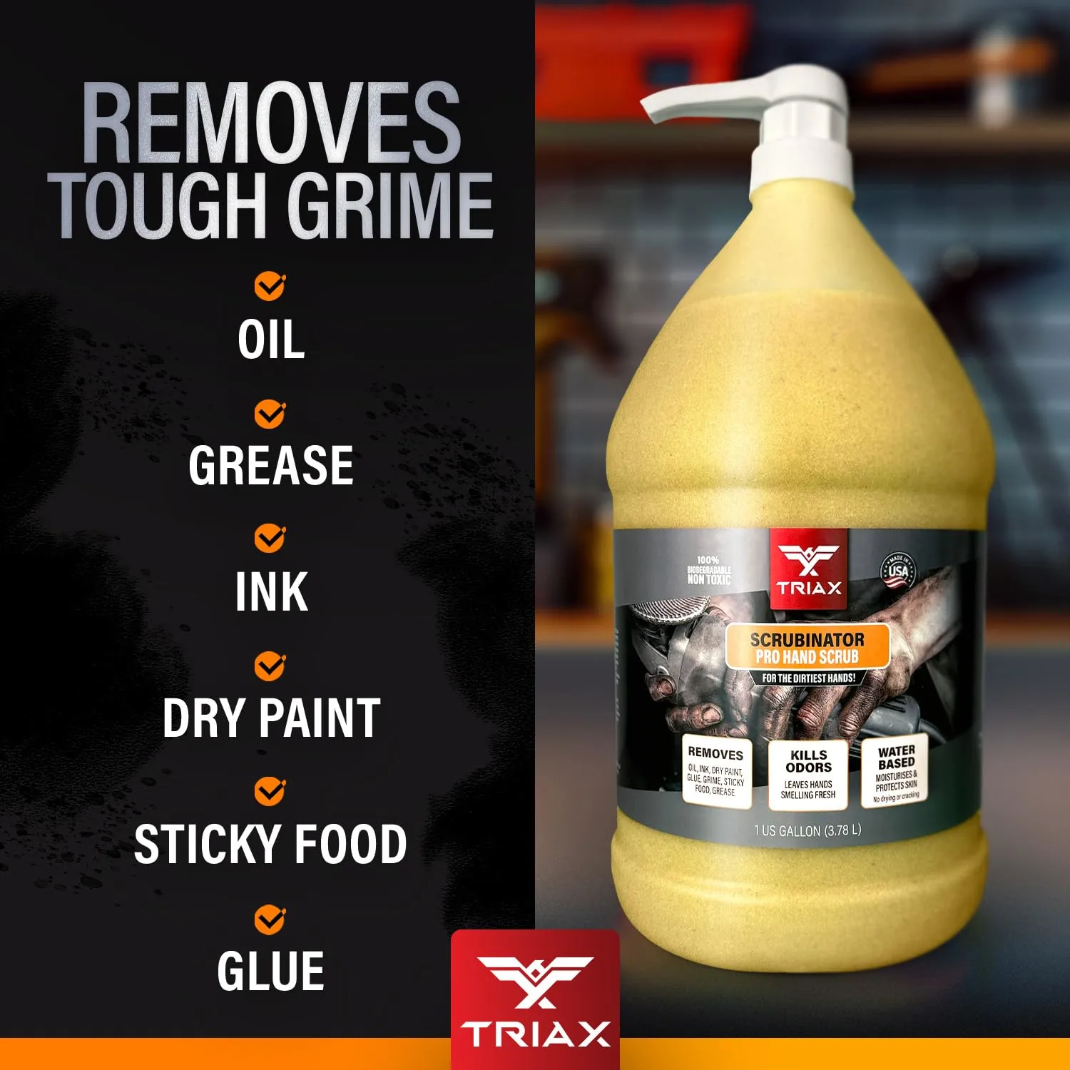 TRIAX Scrubinator - Heavy Duty Hand Scrub and Cleaner - Removes Tough Grease, Dirt, Grime, and Odors - No Toxic Solvents or Harsh Chemicals - Moisturizers to Protect Skin (16 Ounce)