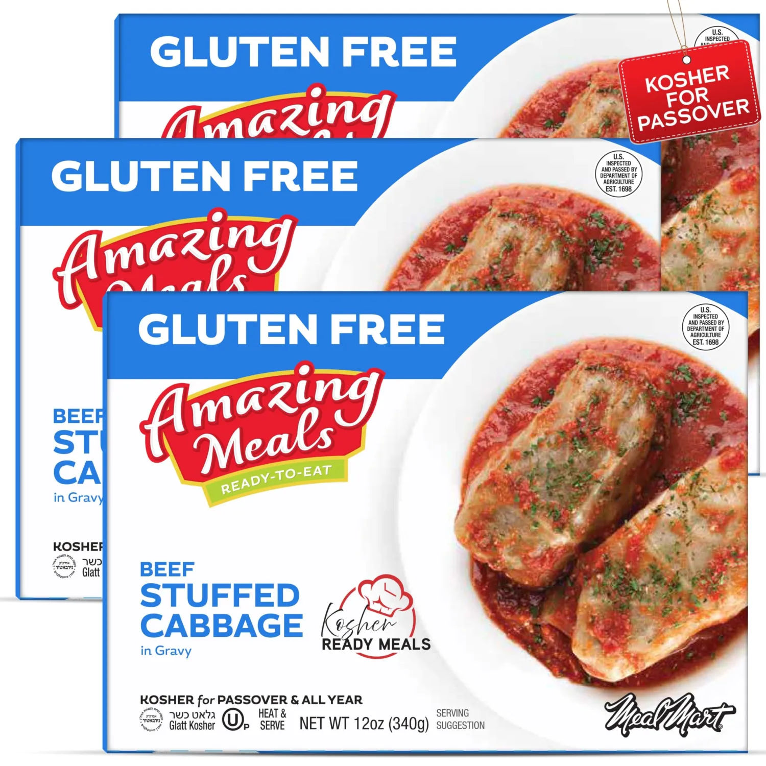 Kosher for Passover Ready Meals - Beef Stuffed Cabbage Rolls in Gravy, MRE Meat Meals Ready to Eat, Gluten Free Food (3 Pack) Prepared Entree Fully Cooked, Shelf Stable Microwave Dinner