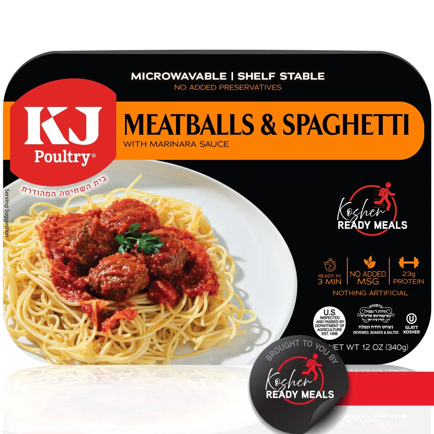 KJ Poultry Kosher Ready Meals - Spaghetti & Meatballs, MRE Meals Ready to Eat (1 Pack) Prepared Entree Fully Cooked, Shelf Stable Microwave Dinner Travel, Military, Camping, Emergency Survival