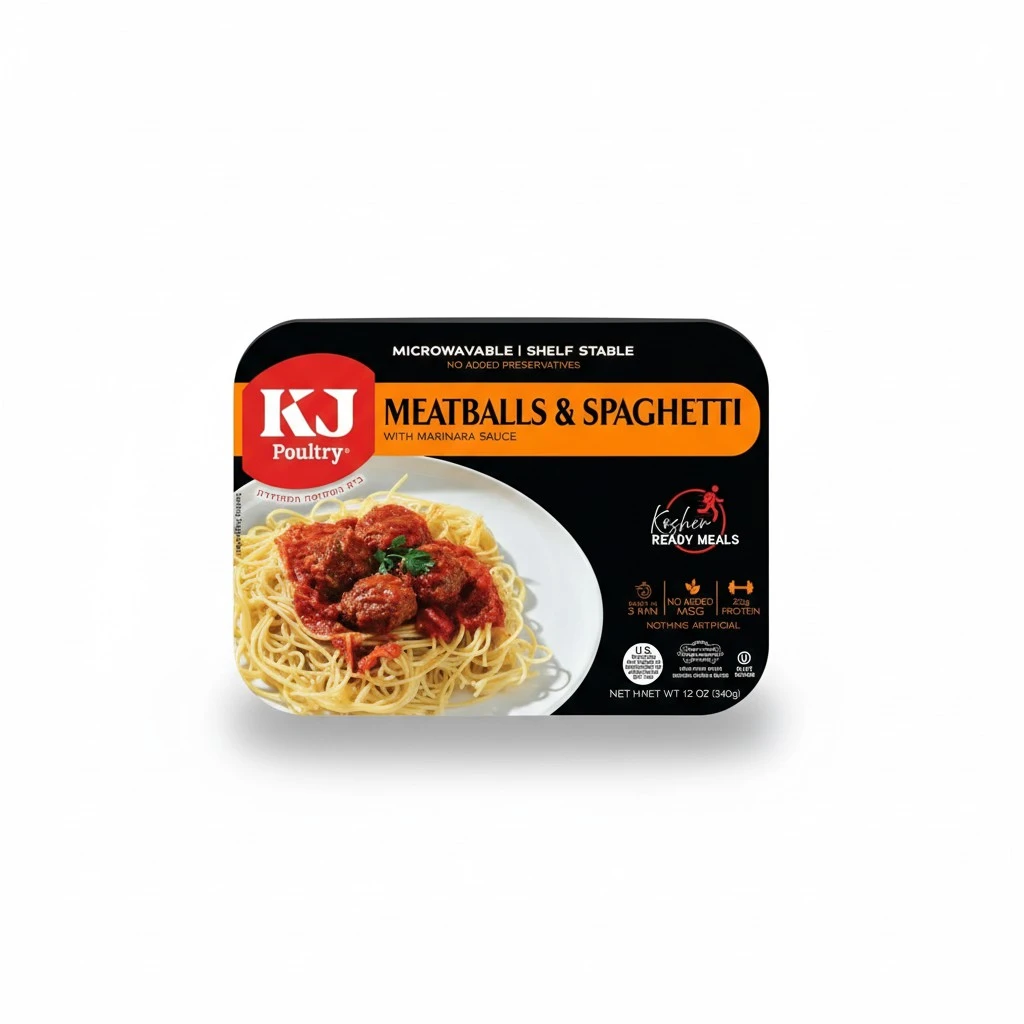 KJ Poultry Kosher Ready Meals - Spaghetti & Meatballs, MRE Meals Ready to Eat (1 Pack) Prepared Entree Fully Cooked, Shelf Stable Microwave Dinner Travel, Military, Camping, Emergency Survival
