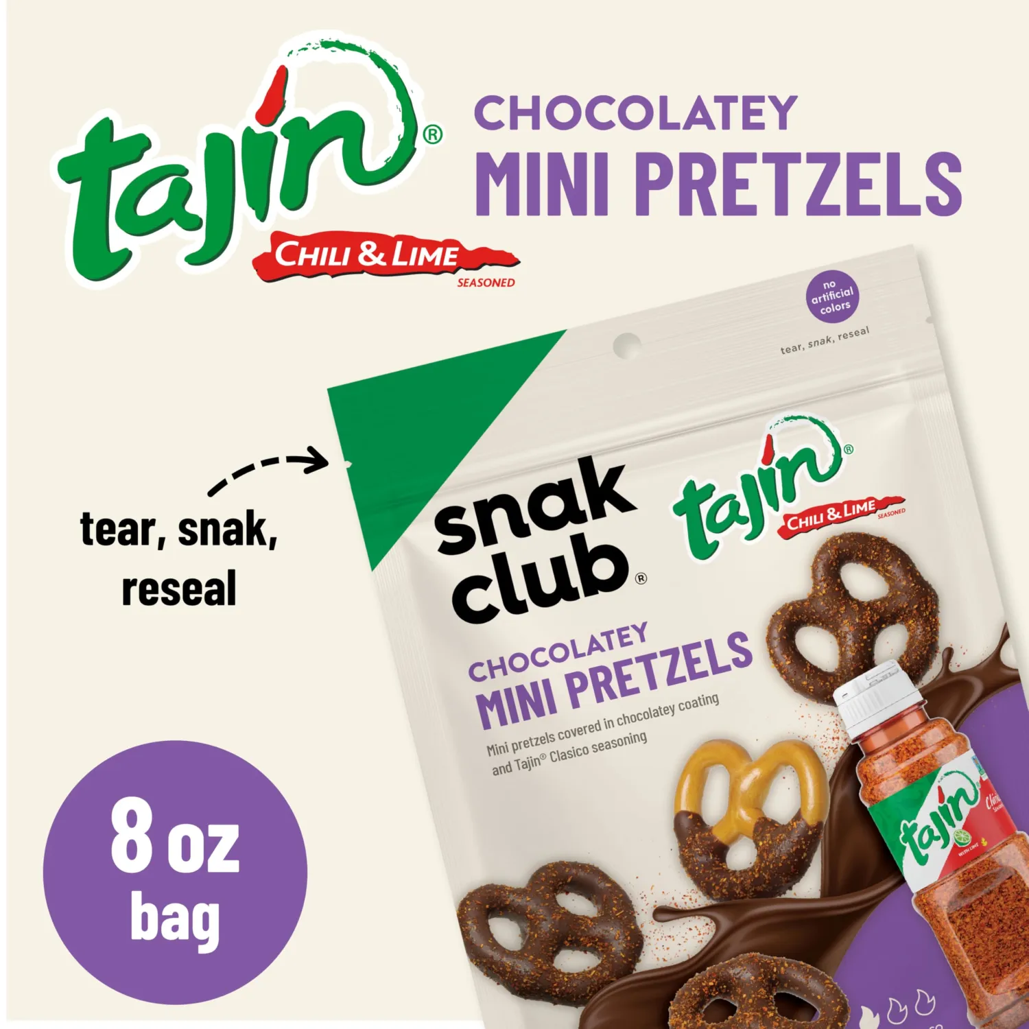 Snak Club Tajin Chocolatey Mini Pretzels, Chocolate Covered Pretzels with Chili and Lime Seasoning, Mild, No Artificial Colors, 8 oz Resealable Bag