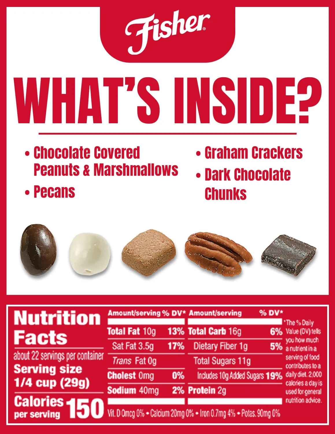 Fisher S’mores Trail Mix, 23 oz Jar, Packed with Chocolate-Covered Peanuts & Marshmallows, Graham Crackers, Pecans and Dark Chocolate Chunks, Bulk Trail Mix with Chocolate, Snack for Parties