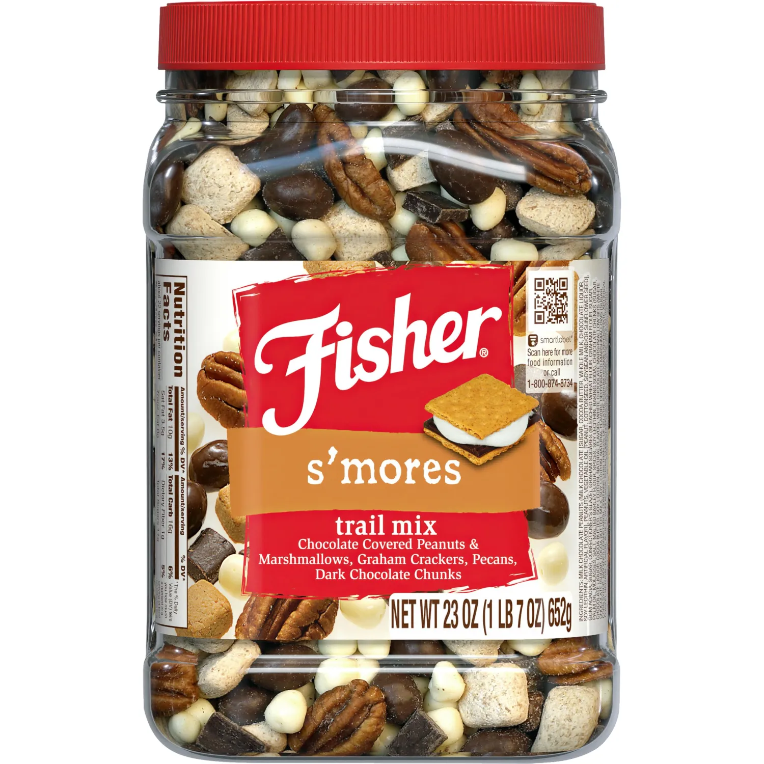 Fisher S’mores Trail Mix, 23 oz Jar, Packed with Chocolate-Covered Peanuts & Marshmallows, Graham Crackers, Pecans and Dark Chocolate Chunks, Bulk Trail Mix with Chocolate, Snack for Parties