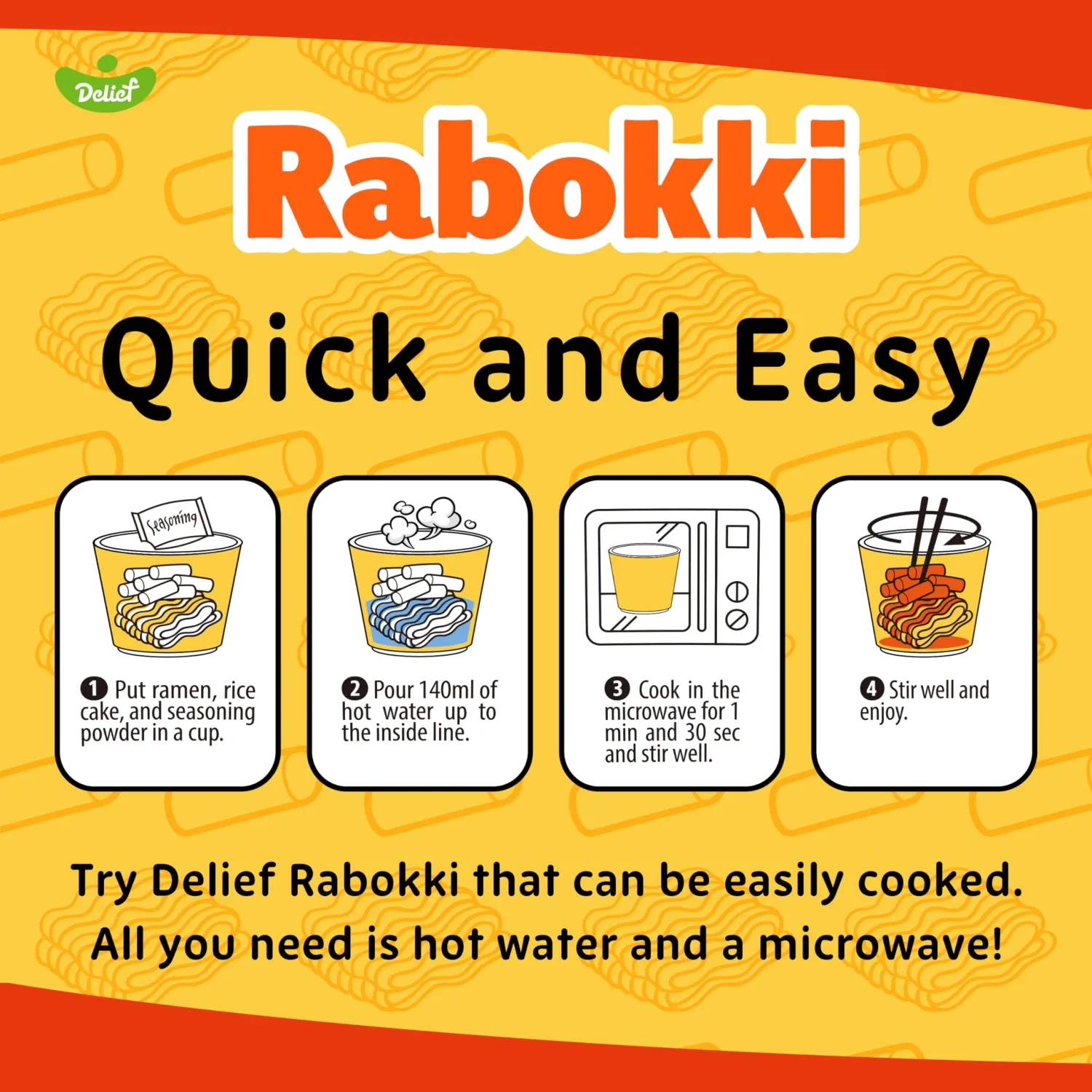 DELIEF Rabokki Sweet and Spicy Original Flavor 165g/5.82oz -Pack of 1, Korean Street Food, Ramen Noodle and Tteokbokki Rice Cake Combined in 1 - Quick and Easy Meal