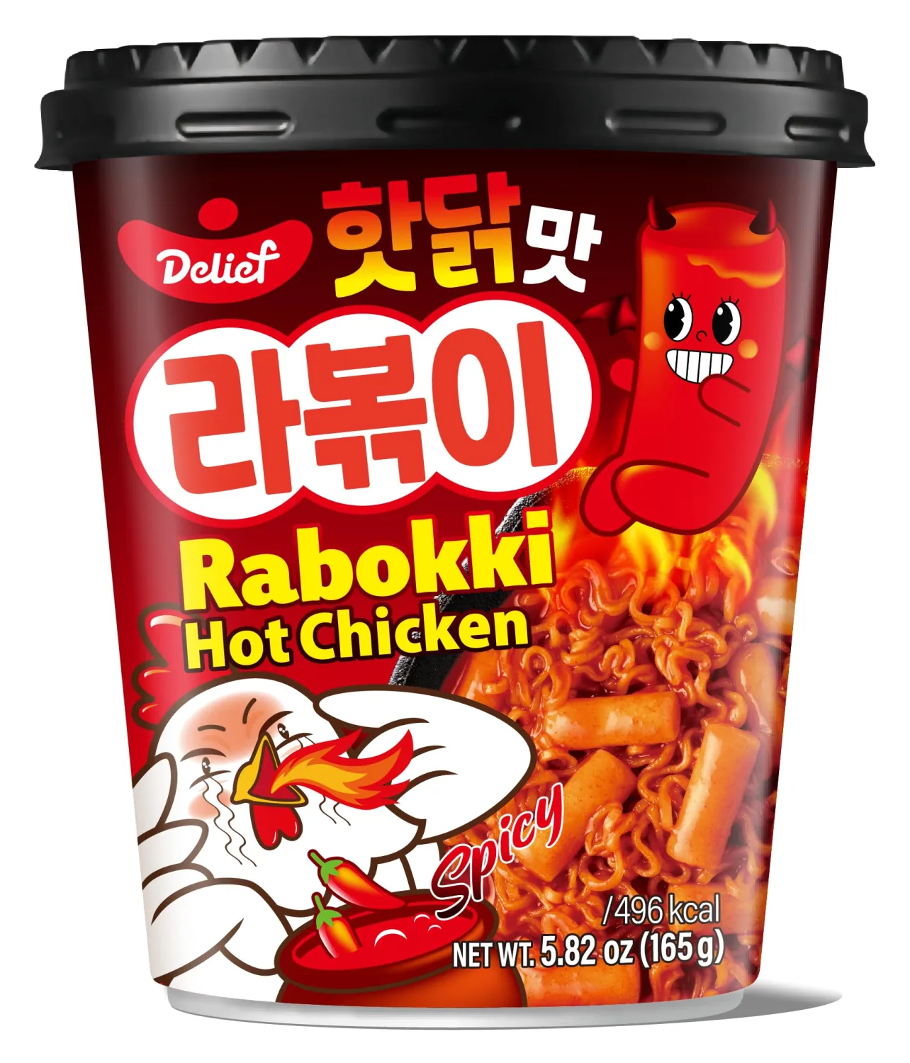DELIEF Rabokki Hot Chicken Flavor 165g/5.82oz - Pack of 4, Korean Street Food, Ramen Noodle and Tteokbokki Rice Cake Combined in 1 - Quick and Easy Meal