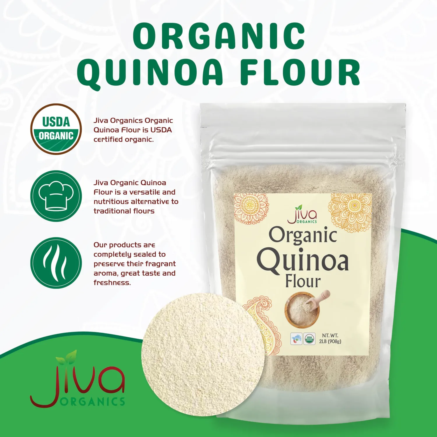 Jiva Organics Premium Quinoa Flour 2 LB Bag - Gluten Free, Non GMO