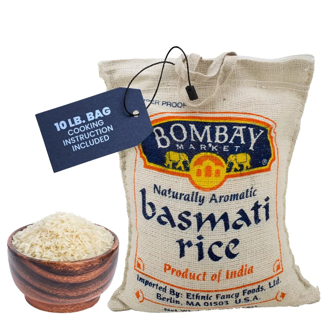 Bombay Market White Basmati Rice - Aromatic & Nutty Flavor Basmati Rice - Long Grain Rice Basmati (10 Pound Bag)