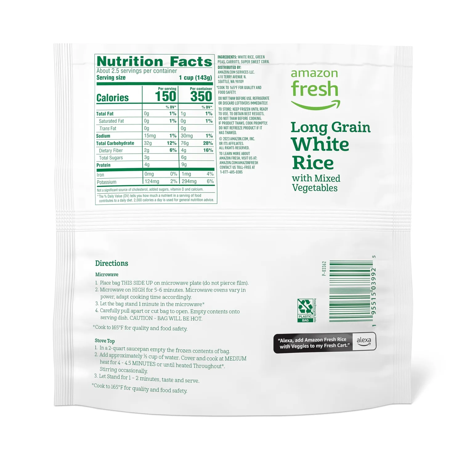 Amazon Fresh, Long Grain White Rice With Mixed Vegetables, Frozen, 12 Oz