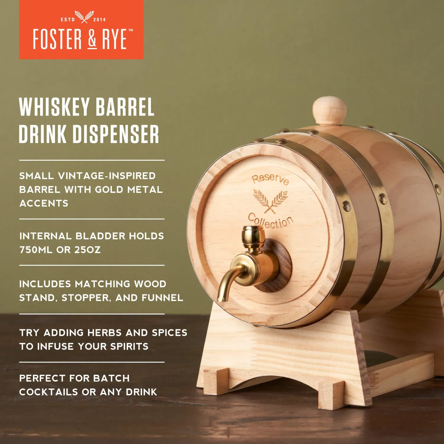 Foster & Rye Wooden, Whiskey Infusion Bourbon Moonshine Jug with Spigot, Liquor Dispenser Beverage Barrel-Holds 750mL Set of 1, Brown