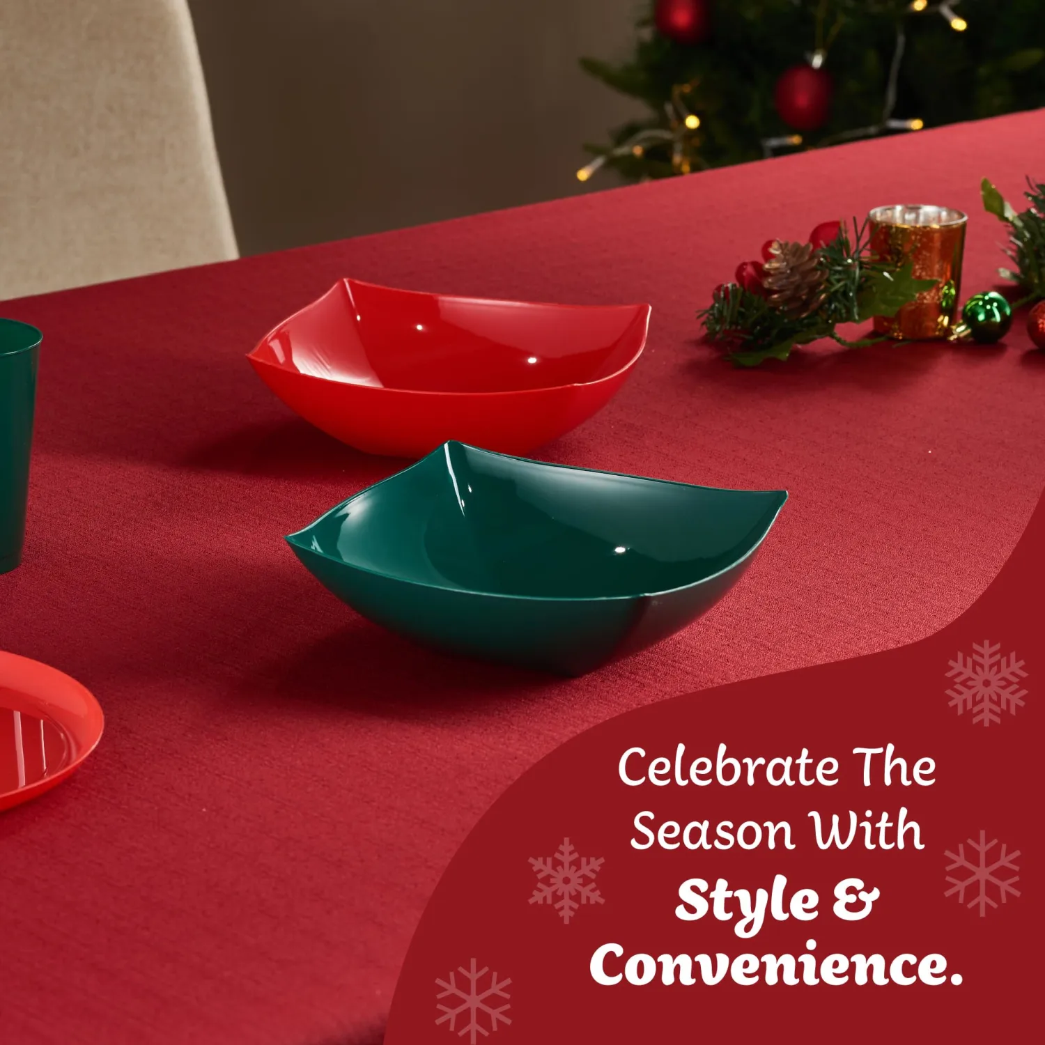PLASTICPRO Disposable Square Serving Bowls, Party Snack or Salad Bowl, Plastic 2 Green & 2 Red 64 Ounce Pack of 4 64 OUNCE