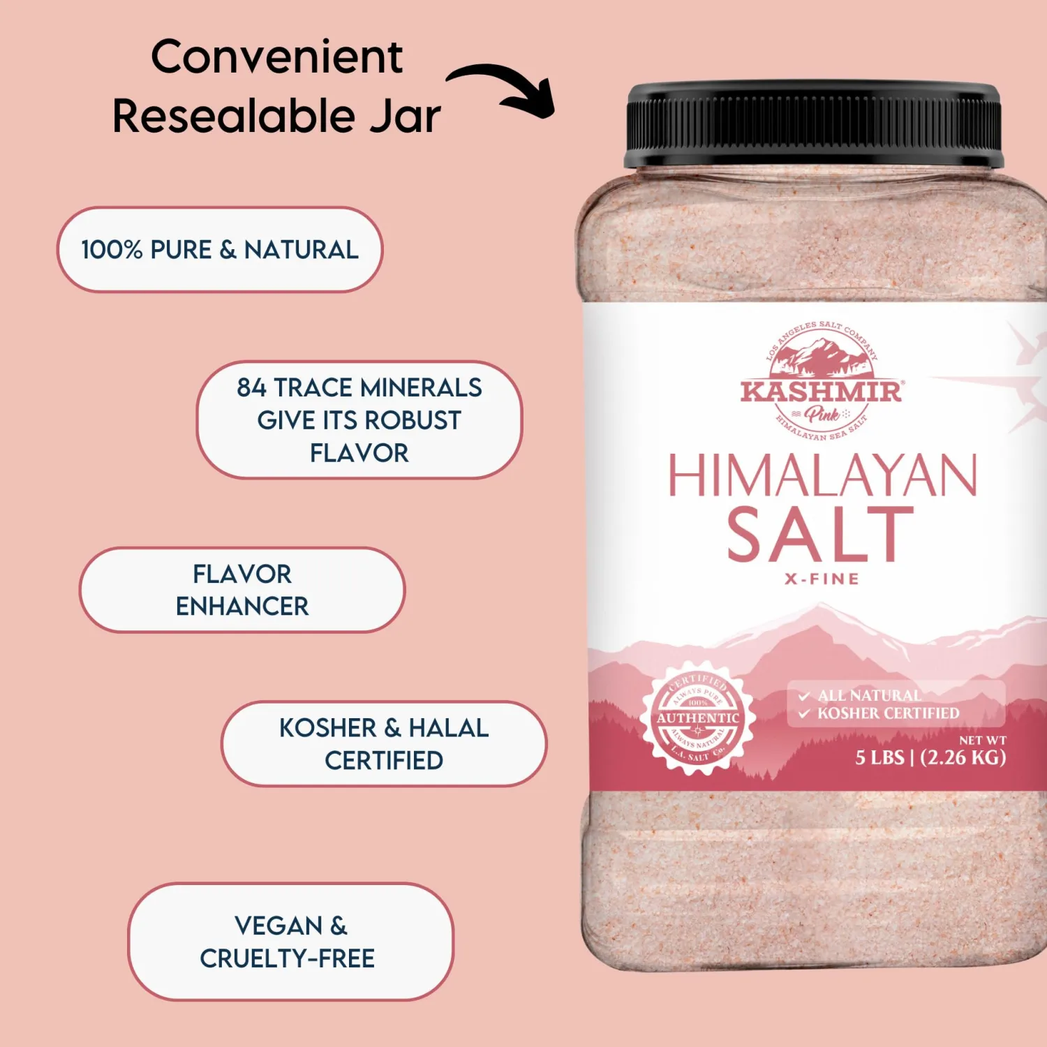 LA SALT CO Kashmir 5 Lbs Pink Himalayan Salt Bulk Jar, X-Fine | 100% Pure, Food Grade with 84 Trace Minerals | Kosher Certified, Vegan, Non-GMO, & Cruelty-Free
