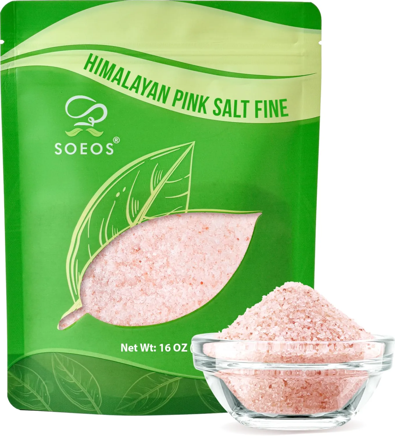 Soeos Himalayan Pink Salt, Fine Grain, 16 oz (1 Pound), Pink Himalayan Sea Salt, Non-GMO, Kosher Salt, Rock Salt for Grinder Refill