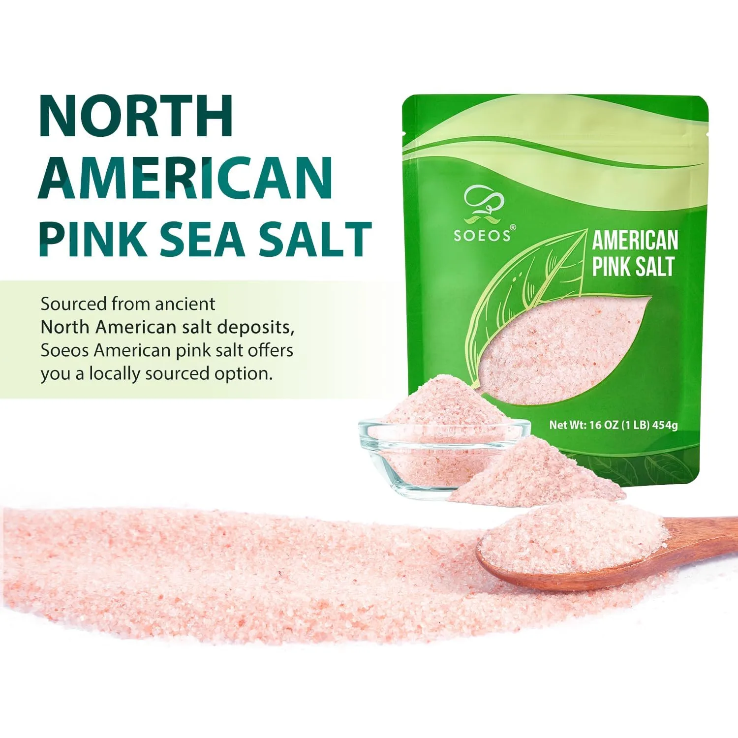 Soeos American Pink Salt, Fine Grain, 16oz (453g), Sea Salt, Curing Salt