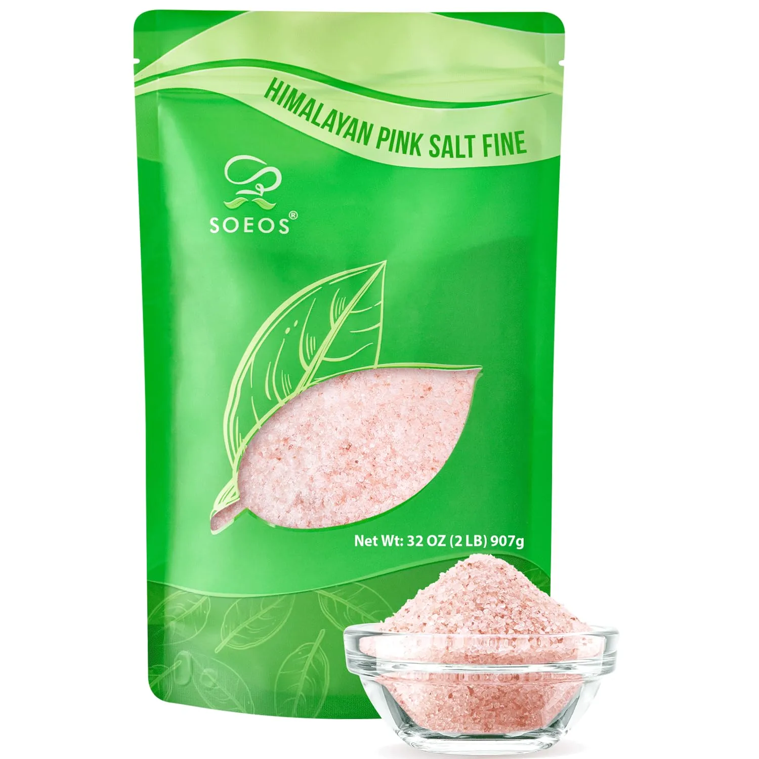 Soeos Himalayan Pink Salt, Fine Grain, 2 Lbs (32 oz), Non-GMO, Pink Himalayan Sea Salt, Kosher Salt, Rock Salt for Grinder Refill