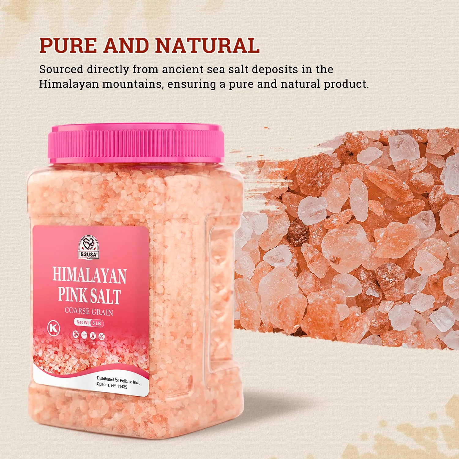 52USA Himalayan Pink Salt Coarse, Non-GMO Pink Salt Coarse for Grinder, 80oz (5 Pound), 100% Real, Pure, Unrefined Himalayan Pink Salt, 80+ Minerals and Electrolytes, Pink Himalayan Sea Salt