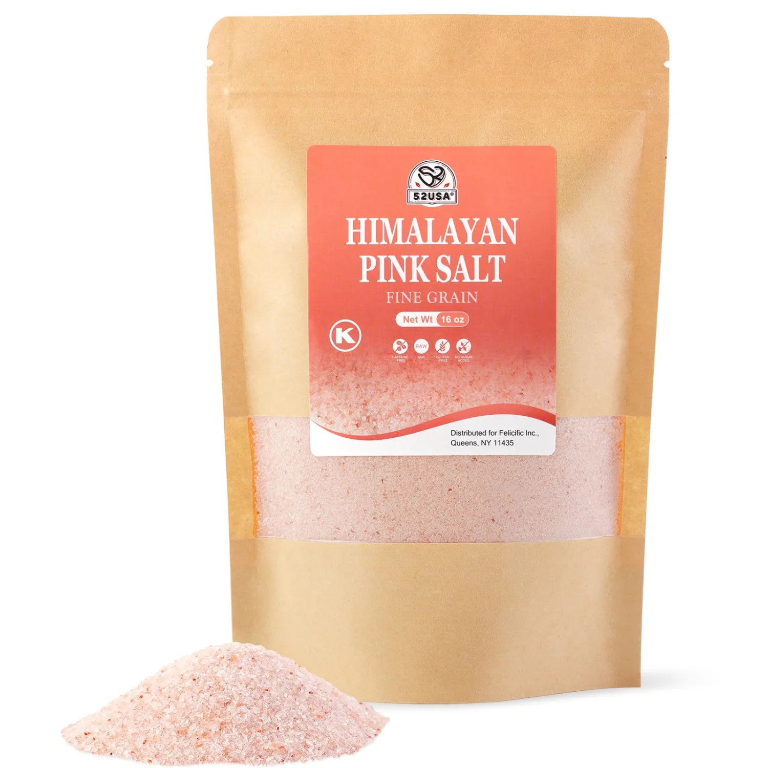 52USA Himalayan Pink Salt Fine, Non-GMO Fine Ground Table and Cooking Salt, 16oz (1 Pound), 100% Real, Pure, Unrefined Himalayan Pink Salt, 80+ Minerals and Electrolytes, Pink Himalayan Sea Salt