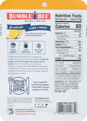 Bumble Bee Lemon & Pepper Seasoned Tuna, 2.5 Ounce Pouch (Pack of 4)
