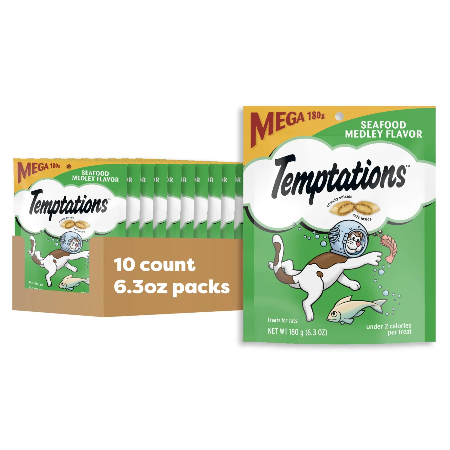 Temptations Classic Crunchy and Soft Cat Treats Seafood Medley Flavor, 6.3 oz. Pouch (Pack of 10)