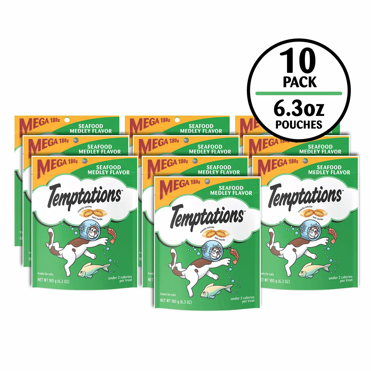 Temptations Classic Crunchy and Soft Cat Treats Seafood Medley Flavor, 6.3 oz. Pouch (Pack of 10)