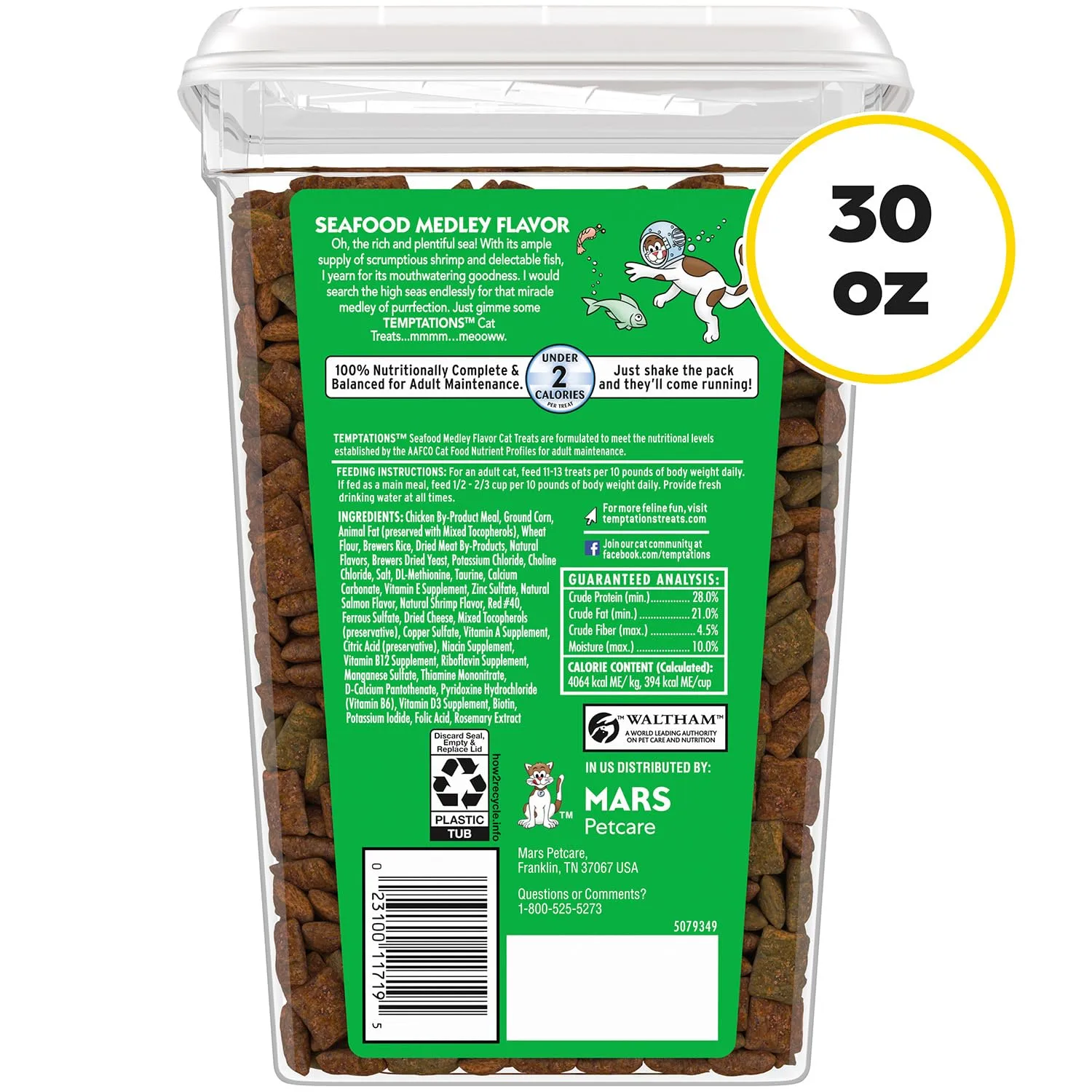 Temptations Classic Crunchy and Soft Cat Treats Seafood Medley Flavor, 30 oz. Tub