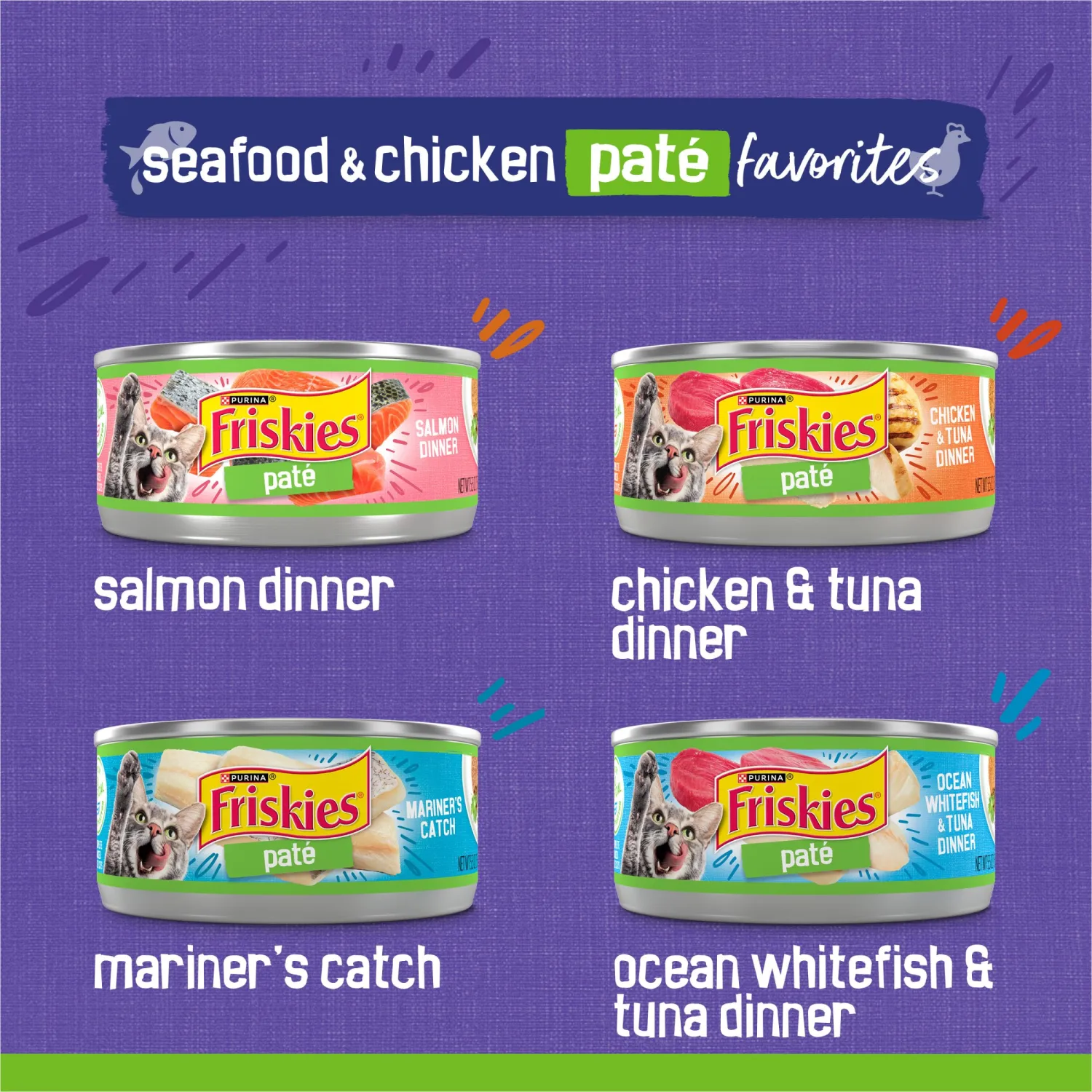 Friskies Purina Pate Wet Cat Food Variety Pack Seafood and Chicken Pate Favorites - 48 ct. Can