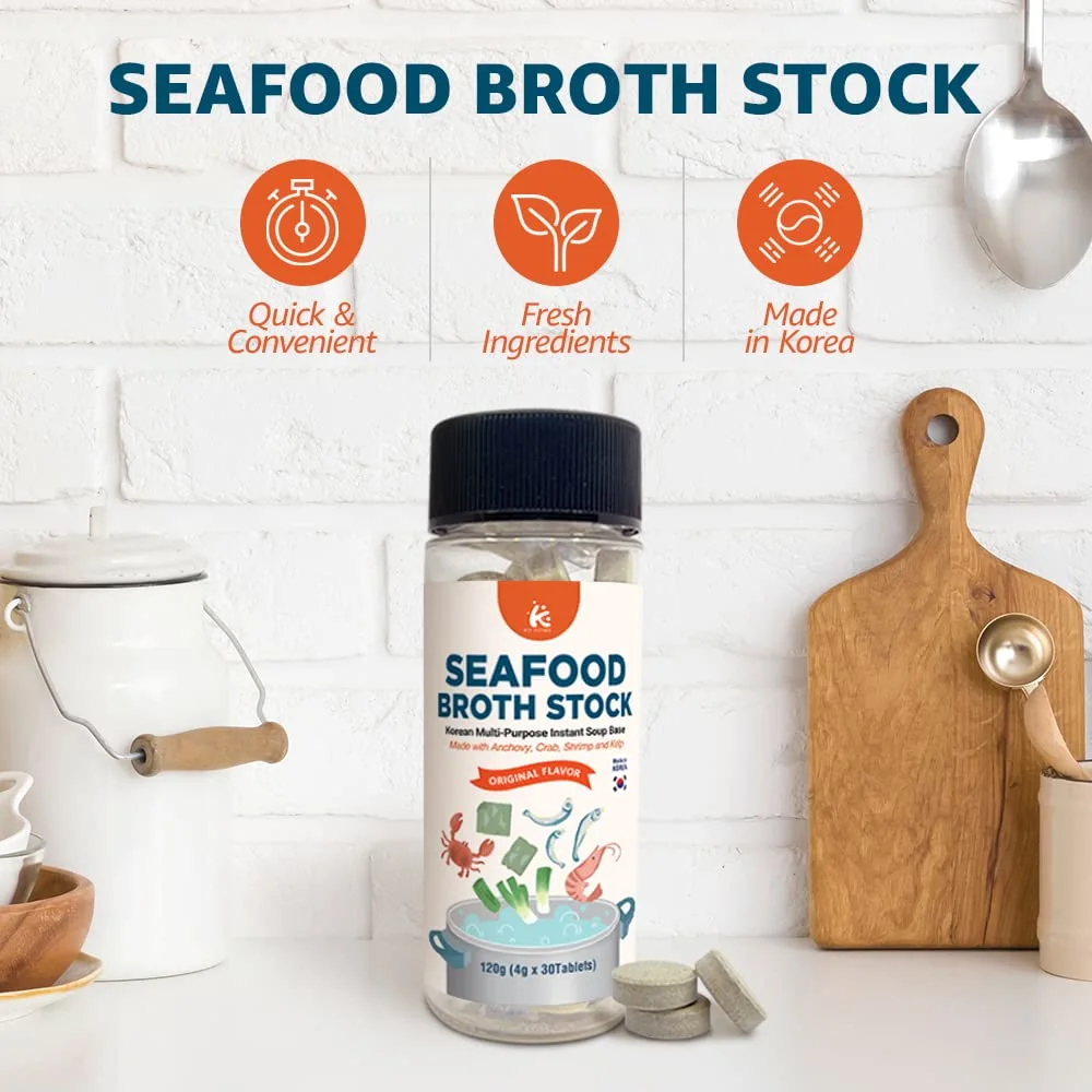 KD Home Seafood Broth Stock Korean Multi-Purpose Instant Soup Base, Made with Anchovy, Crab, Shrimp and Kelp Original Flavor 4.0 grams x 30