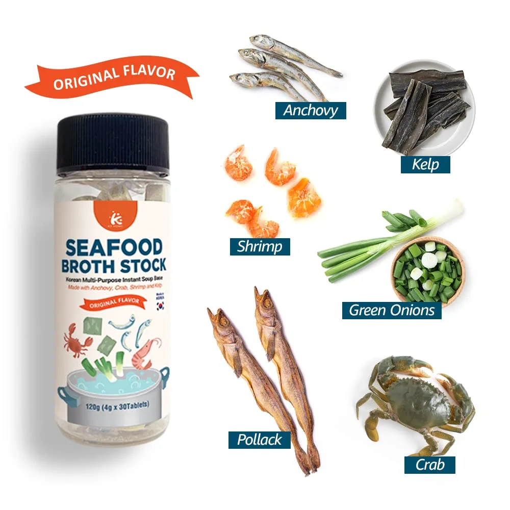 KD Home Seafood Broth Stock Korean Multi-Purpose Instant Soup Base, Made with Anchovy, Crab, Shrimp and Kelp Original Flavor 4.0 grams x 30