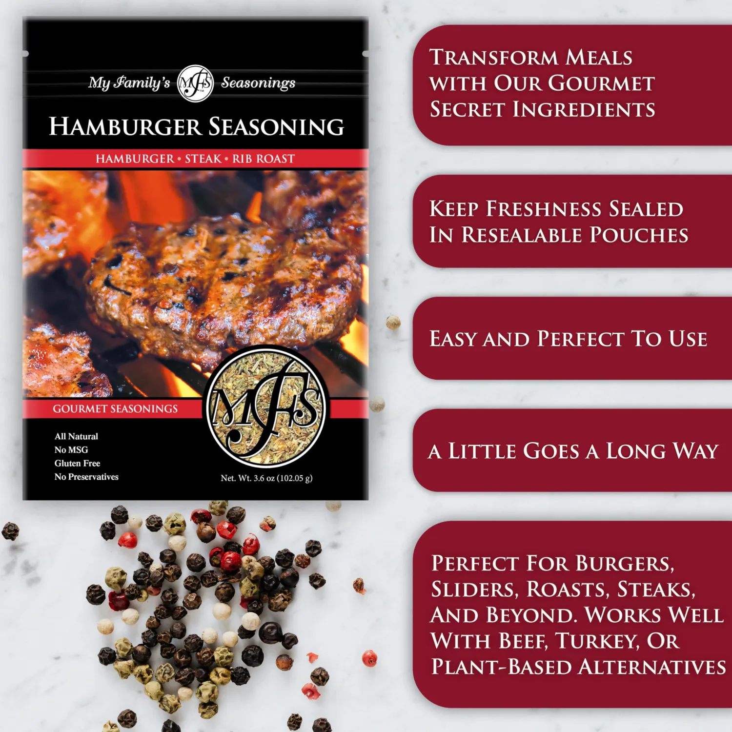 My Family’s Hamburger Seasoning – No MSG and Gluten Free Spices – Burger Spices and Seasonings – Steak Seasoning for Grilling – Dry Rubs for Smoking and Grilling - 3.6 oz Resealable Pack