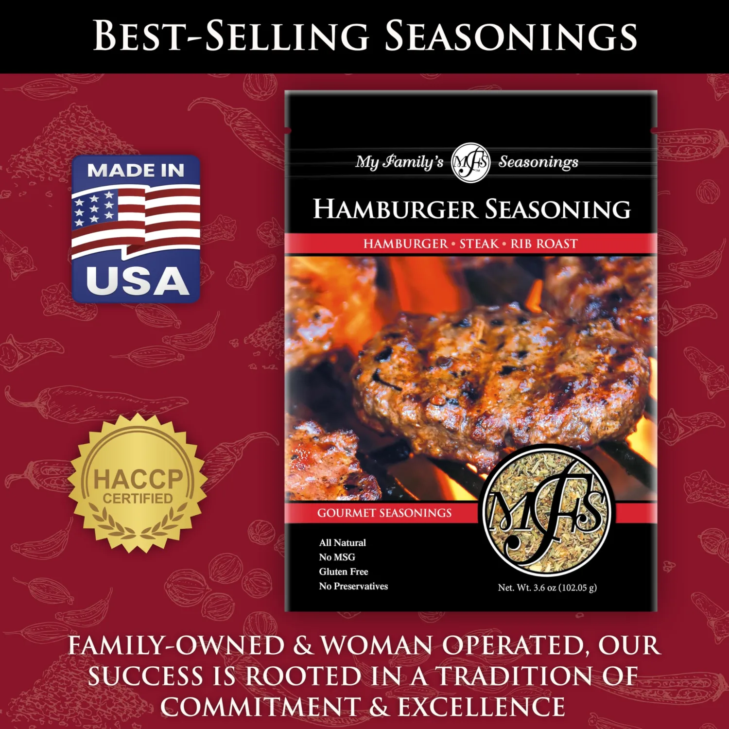 My Family’s Hamburger Seasoning – No MSG and Gluten Free Spices – Burger Spices and Seasonings – Steak Seasoning for Grilling – Dry Rubs for Smoking and Grilling - 3.6 oz Resealable Pack