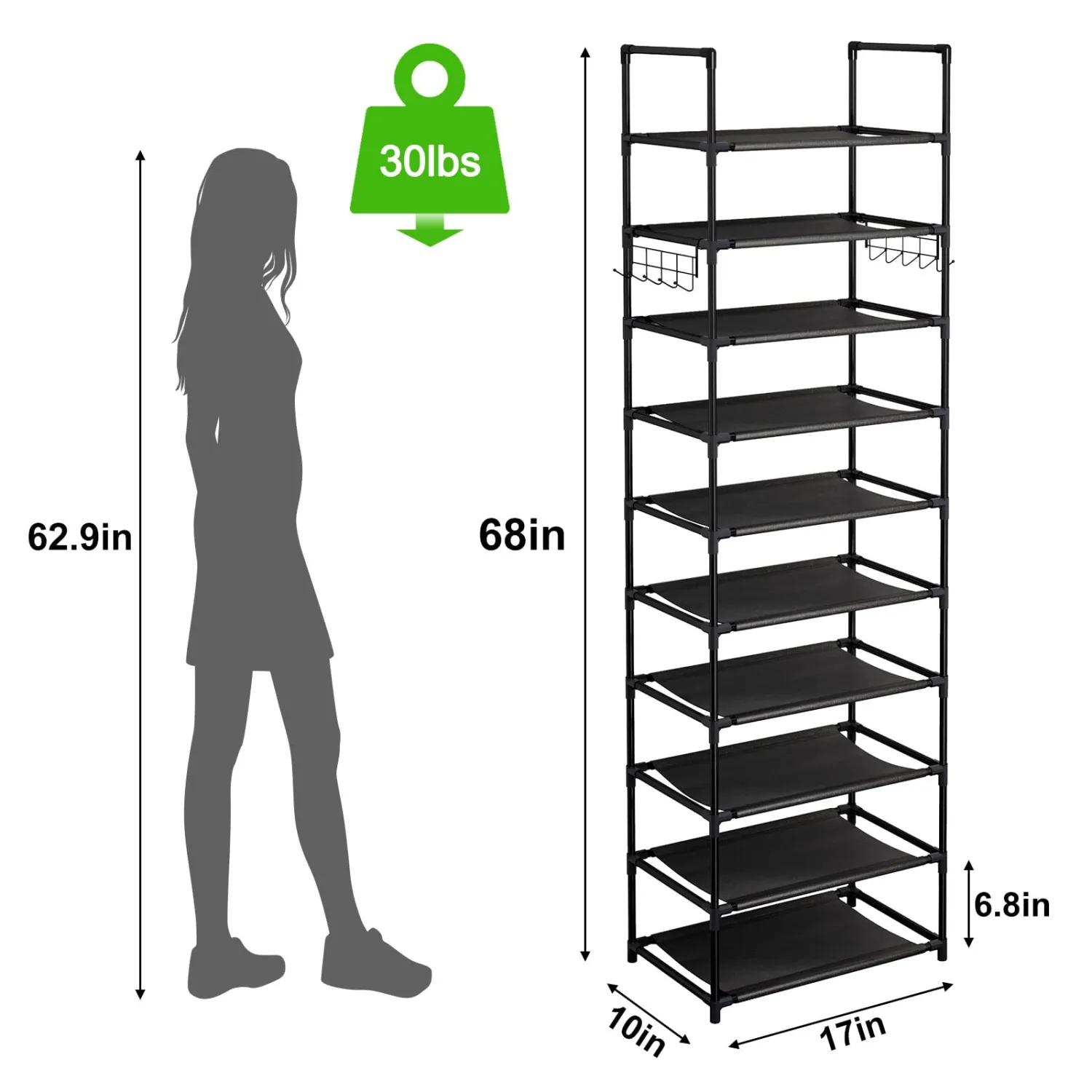 Fixwal 10-Tier Multifunctional Shoe Rack: Modern, Space-Saving, Easy Assembly, 20-24 Pairs of Shoes & Boots, Sturdy & Waterproof, 17"L x 10.6"W x 68"H, Living Room, Bedroom, Hallway, Closet