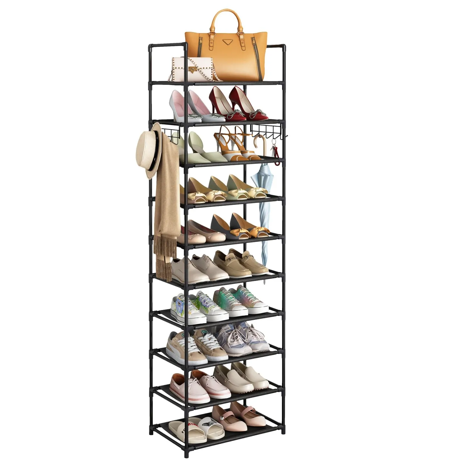Fixwal 10-Tier Multifunctional Shoe Rack: Modern, Space-Saving, Easy Assembly, 20-24 Pairs of Shoes & Boots, Sturdy & Waterproof, 17"L x 10.6"W x 68"H, Living Room, Bedroom, Hallway, Closet