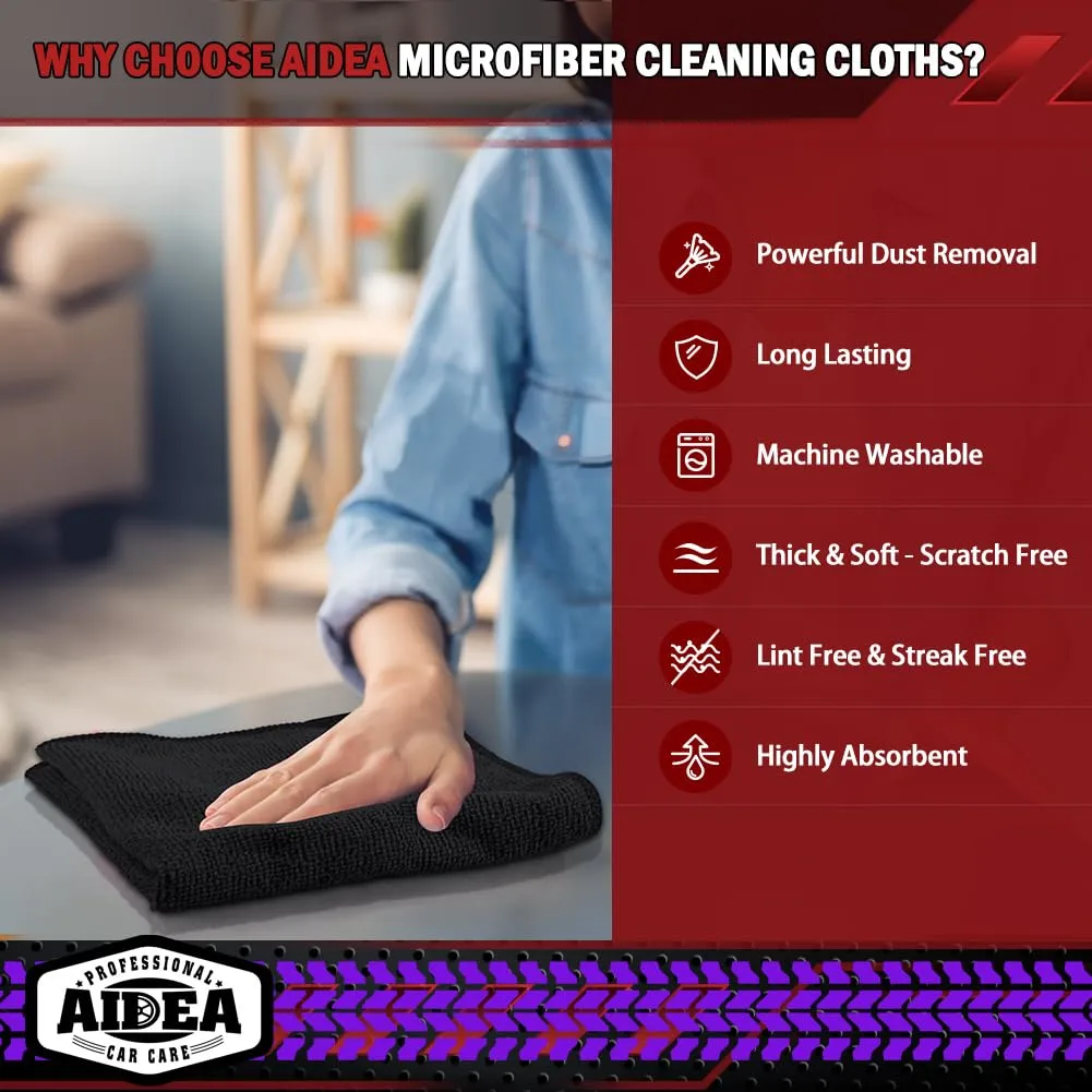 AIDEA Microfiber Cleaning Cloths Black 10PK, Microfiber Towels for Cars, Premium Car Cloth, Dusting Cloth Lint Free Cleaning Rags for SUVs, House, Kitchen, Window, Workshops,12×12"