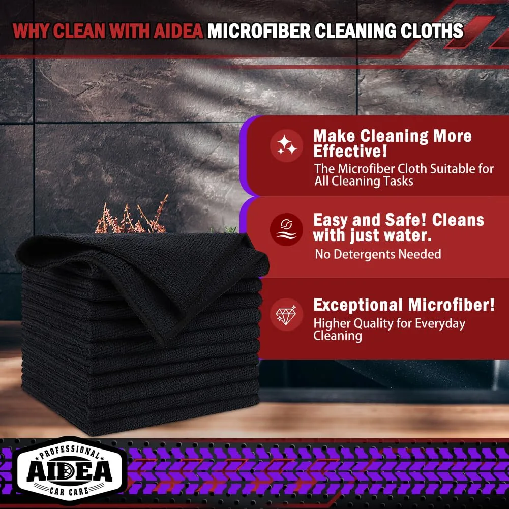 AIDEA Microfiber Cleaning Cloths Black 10PK, Microfiber Towels for Cars, Premium Car Cloth, Dusting Cloth Lint Free Cleaning Rags for SUVs, House, Kitchen, Window, Workshops,12×12"