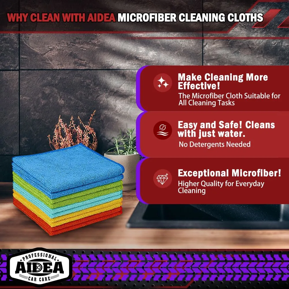 AIDEA Microfiber Cleaning Cloths 10PK, Microfiber Towels for Cars, Premium All Purpose Car Cloth, Dusting Cloth Cleaning Rags, Absorbent Towels for SUVs, House, Kitchen, Window, 12"×12"