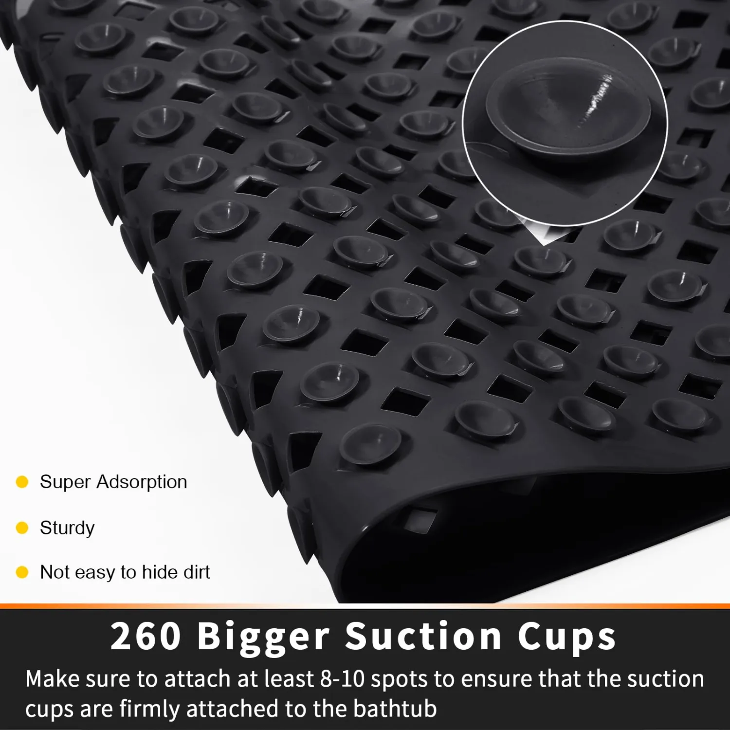 Yimobra Bathtub Mat Non Slip, 34.5x15.5 Inch Long Shower Mat with Drain Holes Suction Cups, Bath Mats for Inside Shower, Machine Washable, BPA, Latex, Phthalate Free, Black