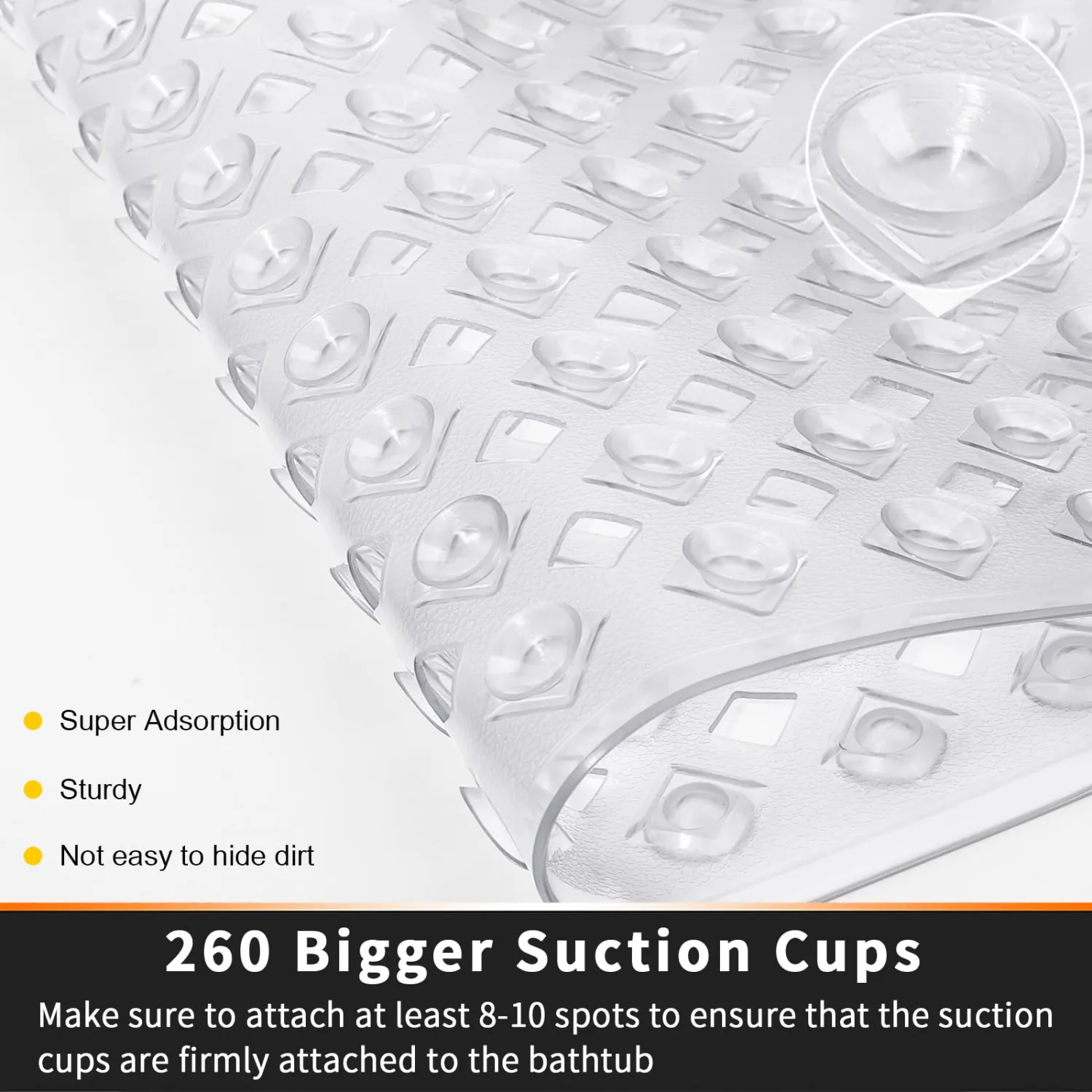 Yimobra Bathtub Mat Non Slip, 34.5x15.5 Inch Long Shower Mat with Drain Holes Suction Cups, Bath Mats for Inside Shower, Machine Washable, BPA, Latex, Phthalate Free, Clear