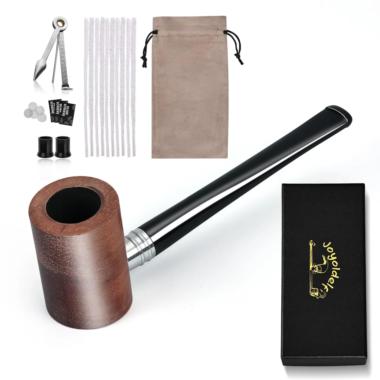 Joyoldelf Handmade Tobacco Pipe Set - Rosewood Tobacco Pipe with Flat Bottom Design, Pipe Starter Kit with Gift Box and Accessories for Beginner and Pipe Lover