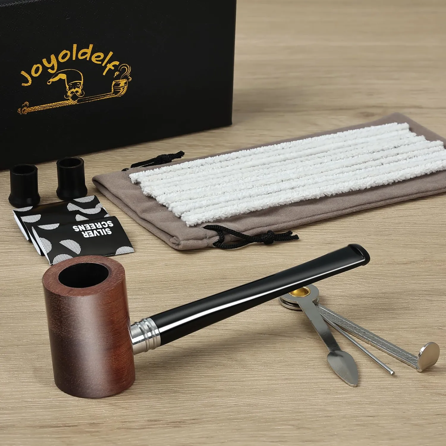 Joyoldelf Handmade Tobacco Pipe Set - Rosewood Tobacco Pipe with Flat Bottom Design, Pipe Starter Kit with Gift Box and Accessories for Beginner and Pipe Lover