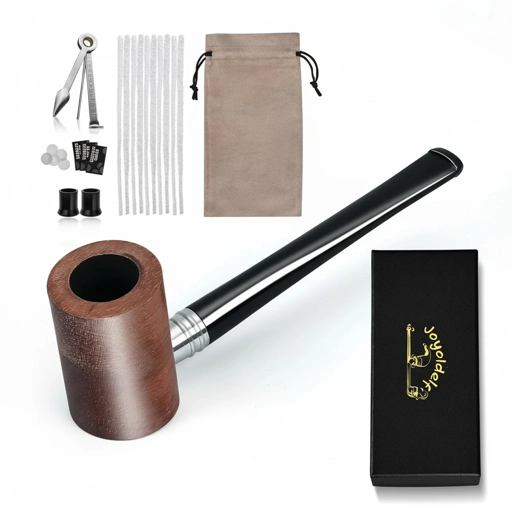 Joyoldelf Handmade Tobacco Pipe Set - Rosewood Tobacco Pipe with Flat Bottom Design, Pipe Starter Kit with Gift Box and Accessories for Beginner and Pipe Lover