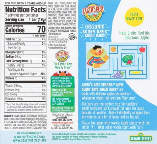 Earth's Best Organic Sunny Days Snack Bars for Toddlers 2 Years Old and Up, Apple Flavored with Other Natural Flavors, 7 ct
