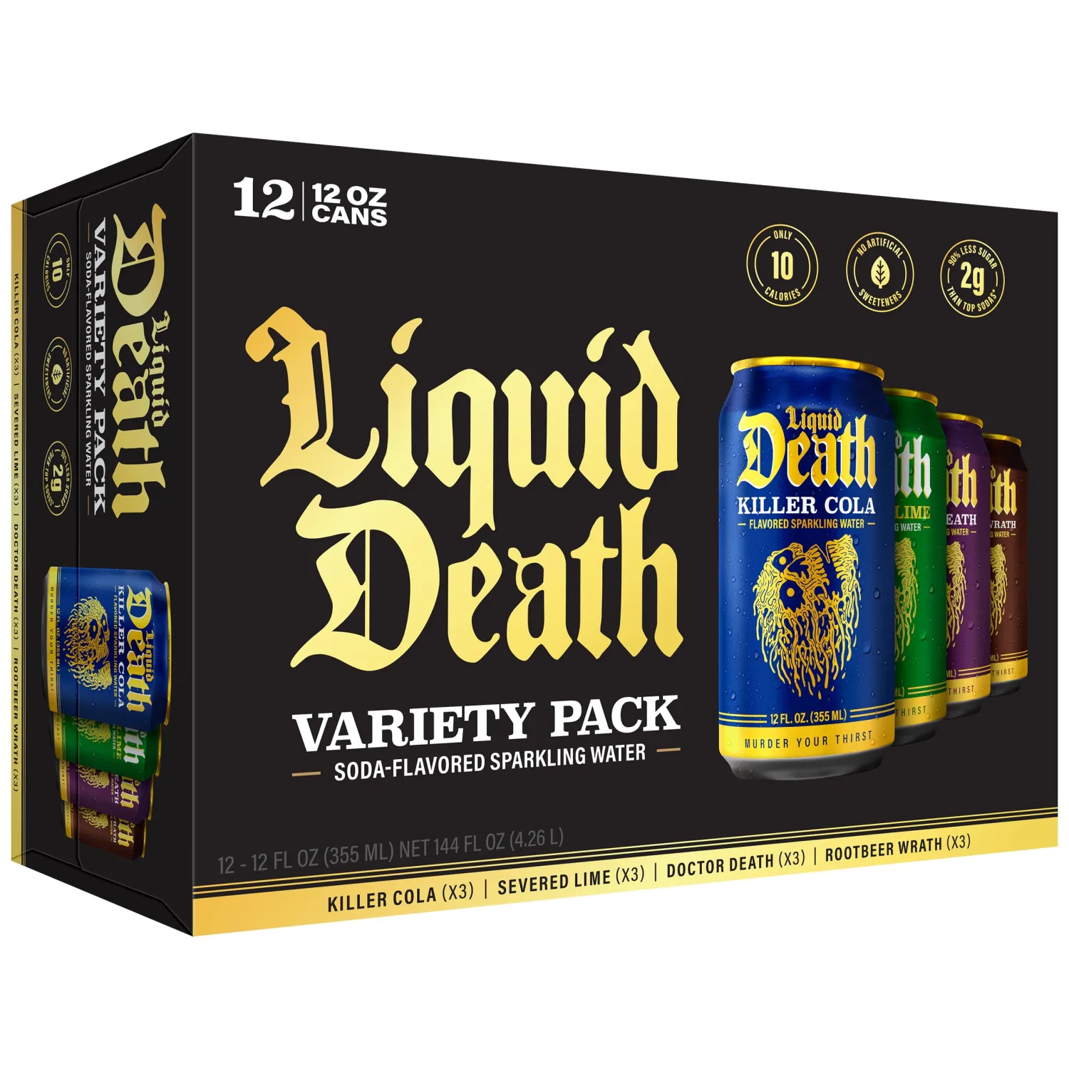 Liquid Death, Severed Lime, Doctor Death, Killer Cola, and Rootbeer Wrath, Soda-Flavored Sparkling Water Variety Pack, 12-Pack (12oz Cans), Low Calorie & No Artificial Sweeteners