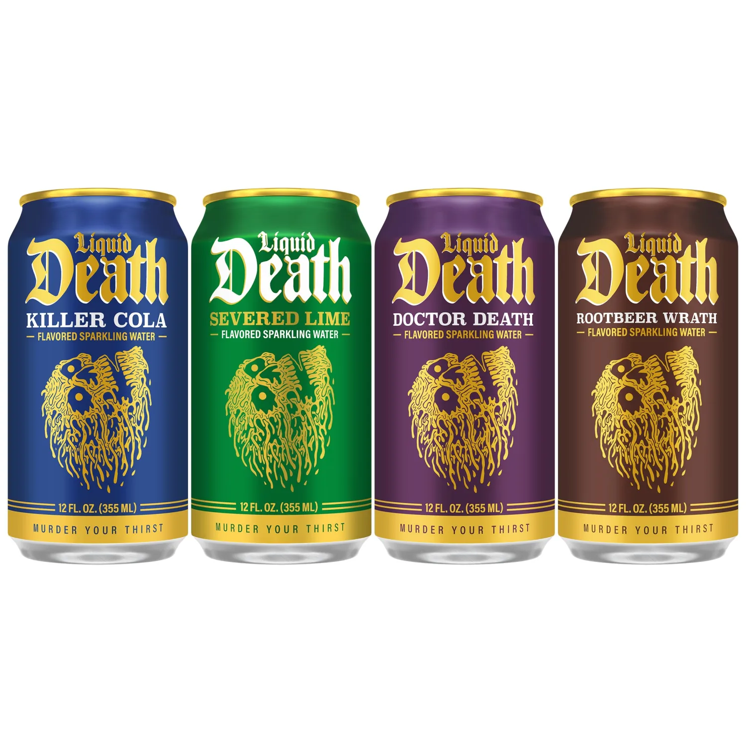 Liquid Death, Severed Lime, Doctor Death, Killer Cola, and Rootbeer Wrath, Soda-Flavored Sparkling Water Variety Pack, 12-Pack (12oz Cans), Low Calorie & No Artificial Sweeteners