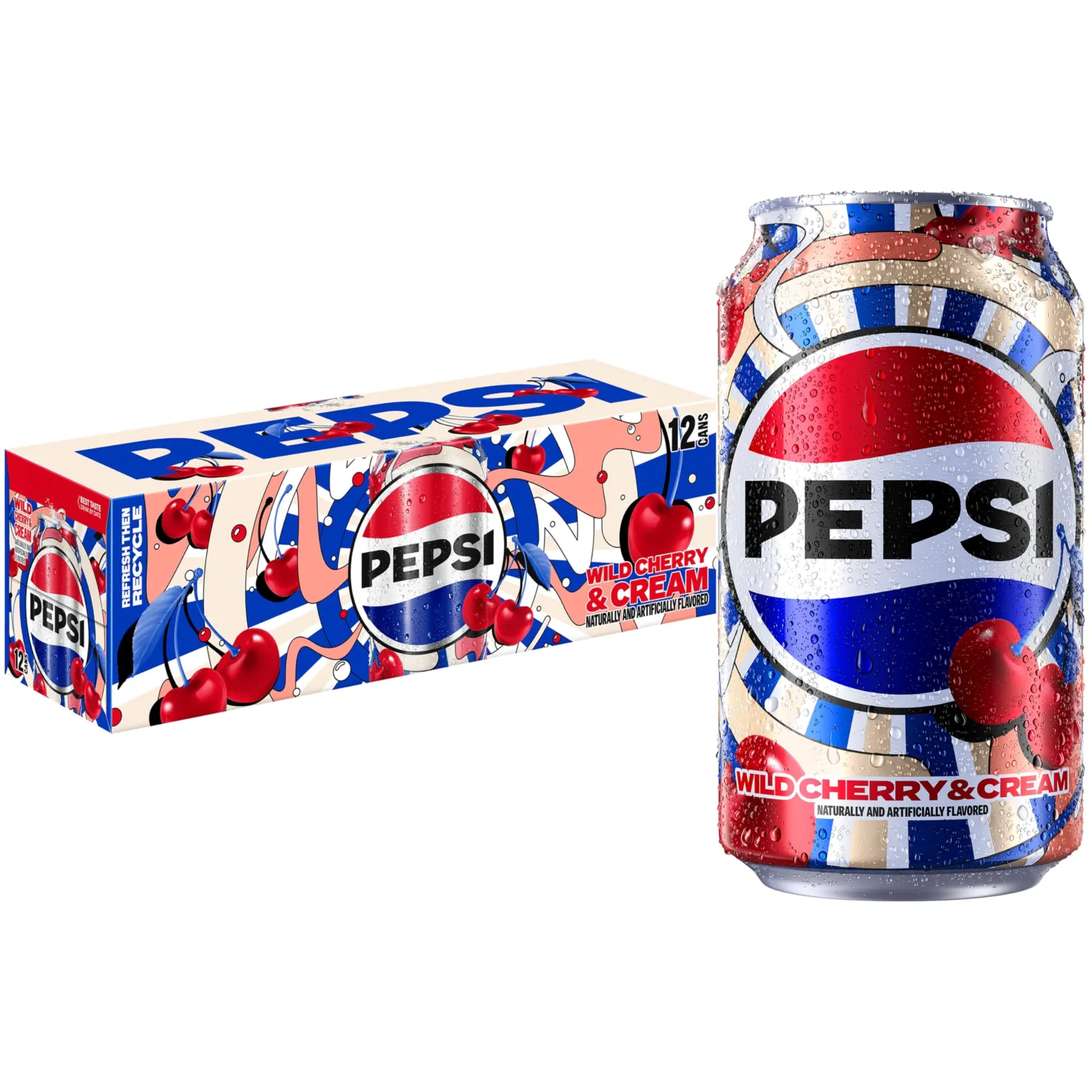 Pepsi Cola Soda Pop, Wild Cherry & Cream, 12 fl oz Cans (12 Pack)